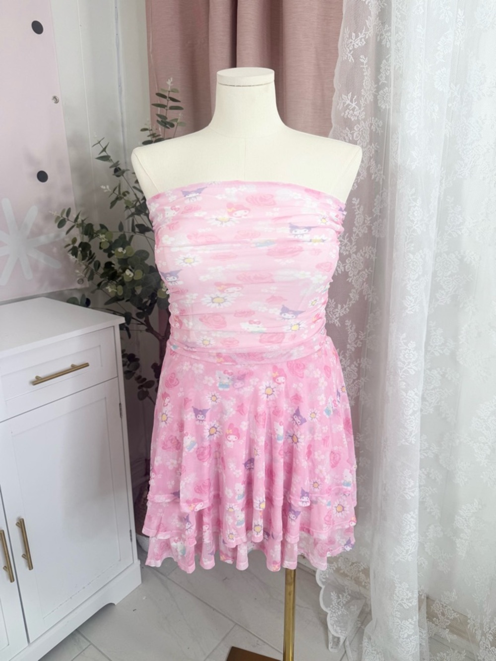 Hello Kitty Pink Floral Strapless Ruffle Dress Bin#6